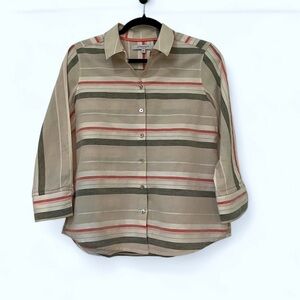 2/$30 Foxcroft Button Down Top Blouse Cardigan Striped Cream Grey Pink SZ 8P